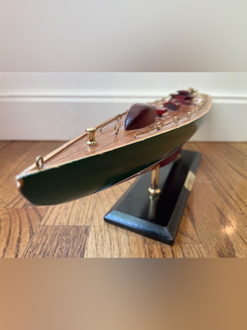 Vintage Shamrock Wooden Model Boat with Green Hull and Mahogany Deck